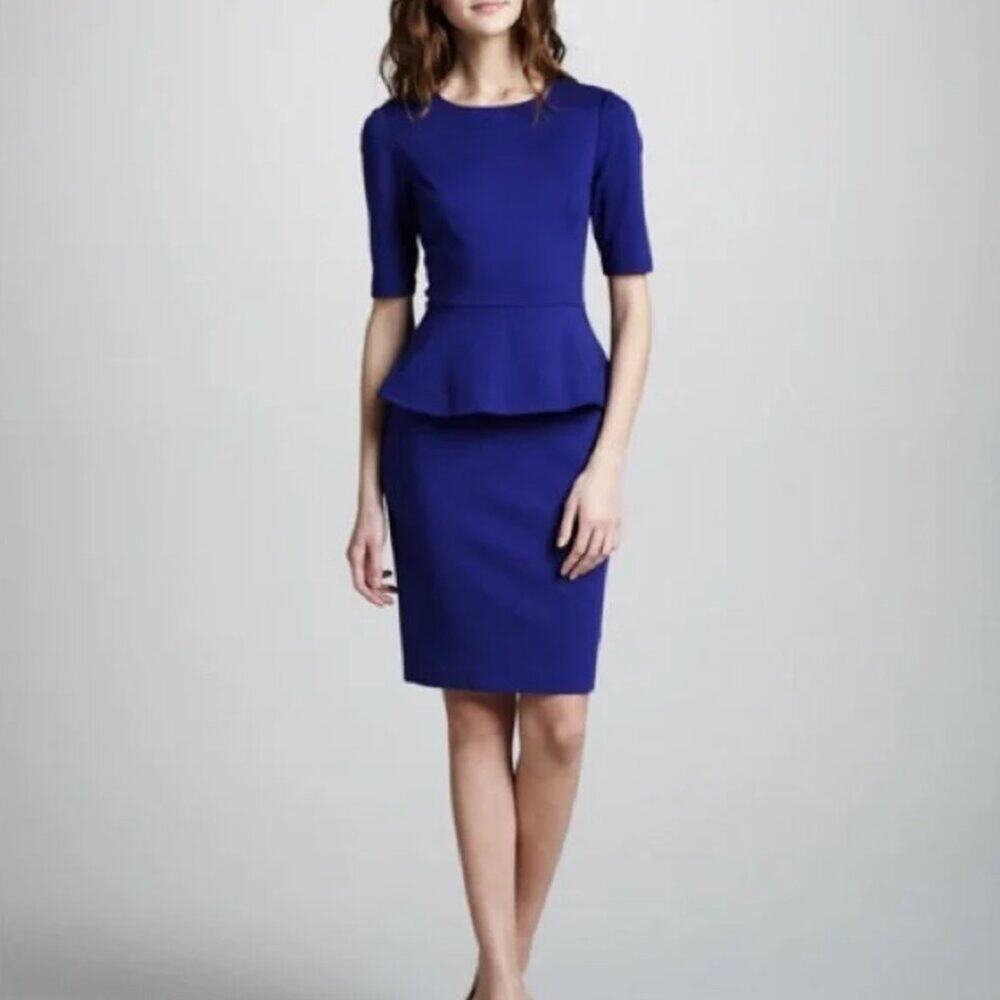 Trina Turk Trophy Dress Peplum Sheath Short Sleeve‎ Tanzanite Blue Violet Size 4